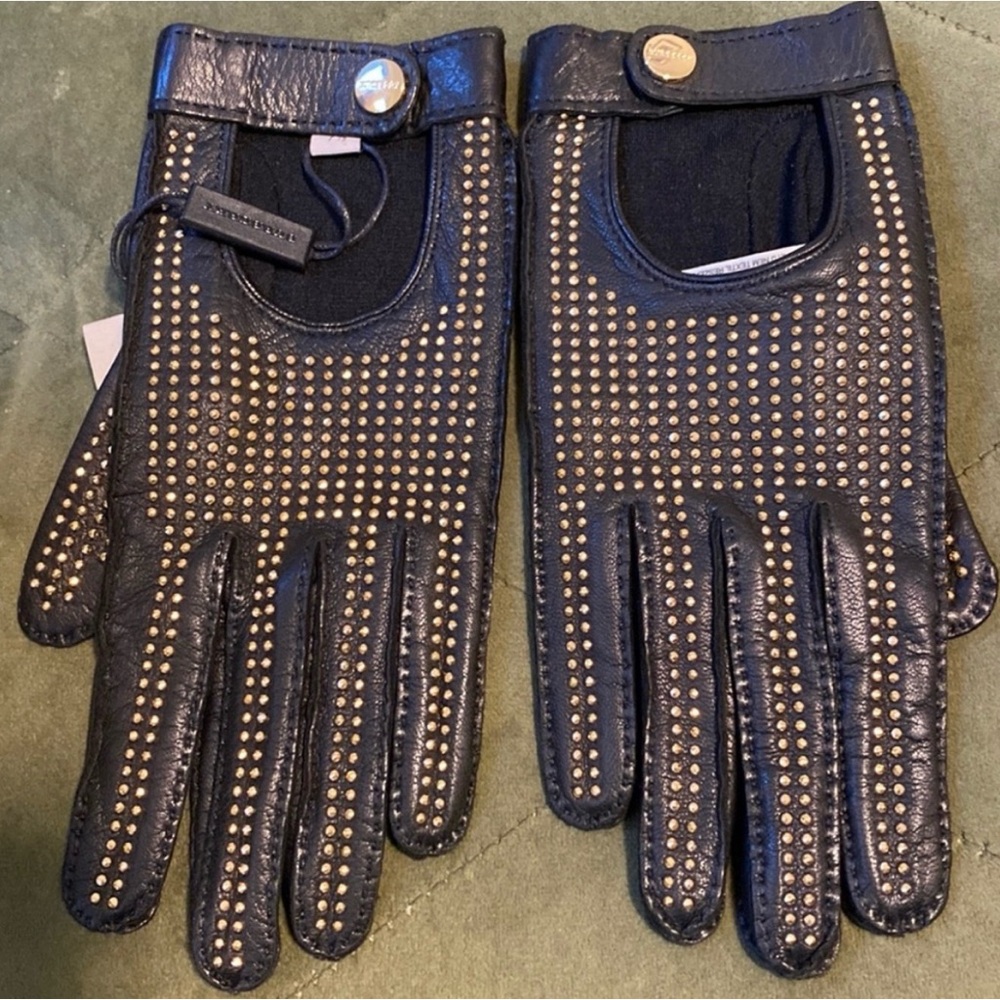 Burberry Black Leather Gloves with Gold Studs